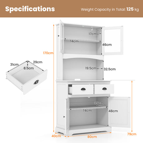 170cm Kitchen Sideboard with Hutch 4 Door Freestanding Cabinet with Tempered Glass Doors 3 Adjustable Shelves 2 Drawers White
