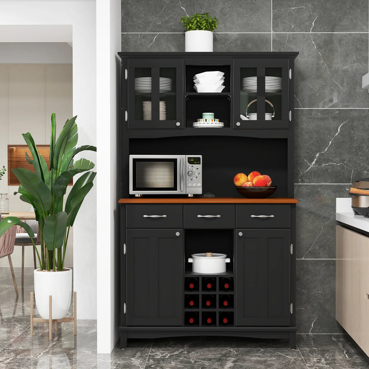 Kitchen Storage Cabinet Cupboard with Wine Rack and Drawers-Black