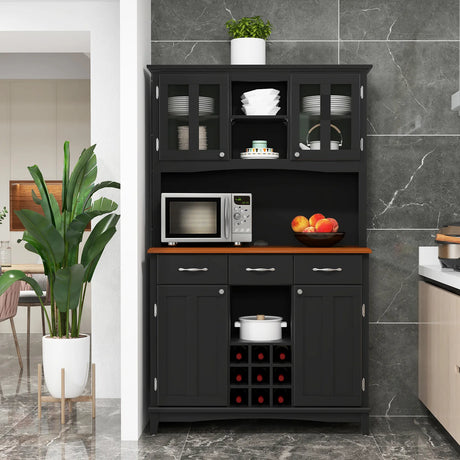 Kitchen Storage Cabinet Cupboard with Wine Rack and Drawers-Black