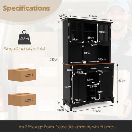 Kitchen Storage Cabinet Cupboard with Wine Rack and Drawers-Black