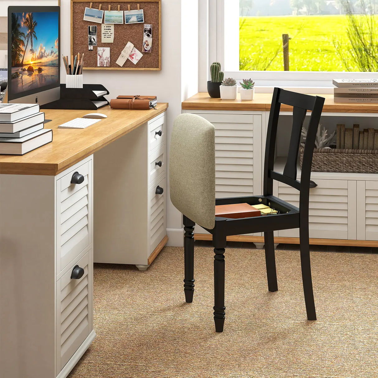 Kitchen Dining Chair with Linen Fabric and Storage Space-Black