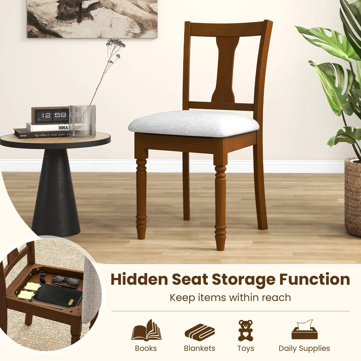 Kitchen Dining Chair with Linen Fabric and Storage Space-Brown
