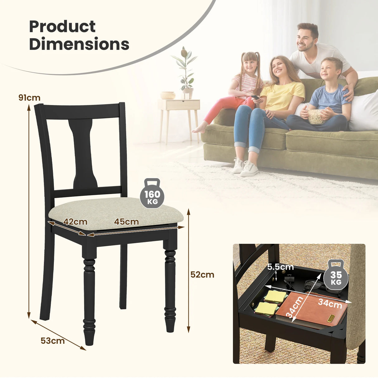 Kitchen Dining Chair with Linen Fabric and Storage Space-Black