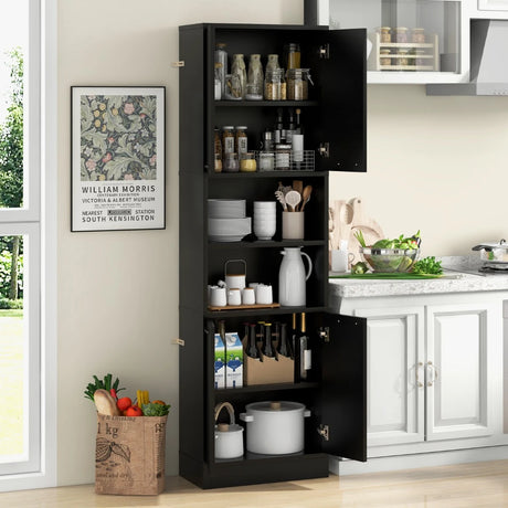 75 Inch Kitchen Pantry Cabinet Tall Cupboard with Doors and Shelves-Black