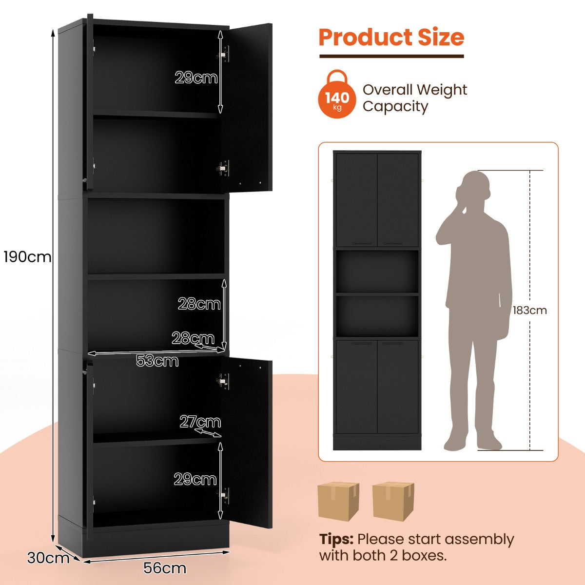 75 Inch Kitchen Pantry Cabinet Tall Cupboard with Doors and Shelves-Black