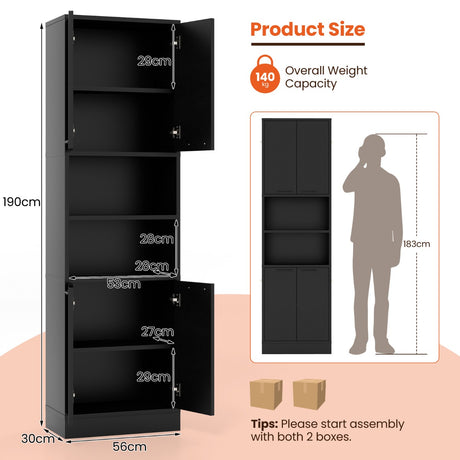 75 Inch Kitchen Pantry Cabinet Tall Cupboard with Doors and Shelves-Black