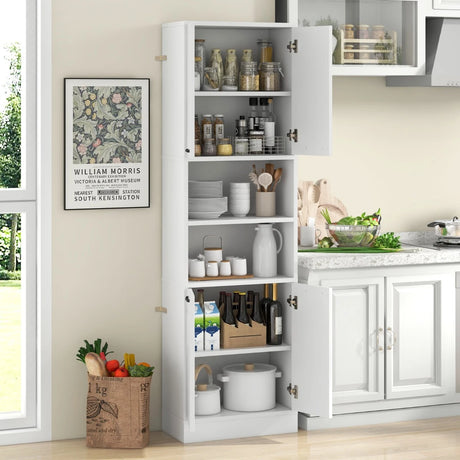 75 Inch Kitchen Pantry Cabinet Tall Cupboard with Doors and Shelves-White