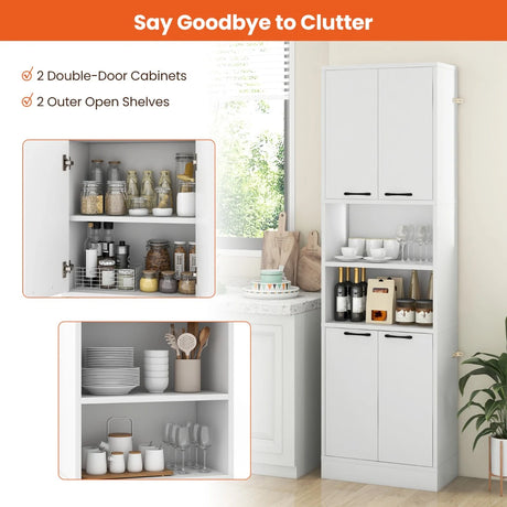 75 Inch Kitchen Pantry Cabinet Tall Cupboard with Doors and Shelves-White