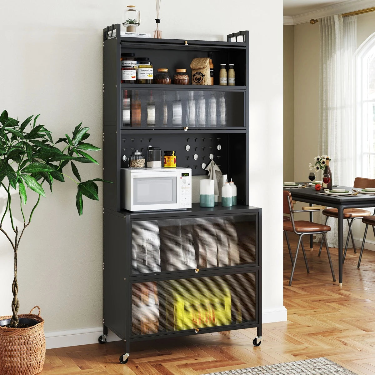 6-Tier Kitchen Pantry Cabinet Buffet Cabinet with Hutch-Black