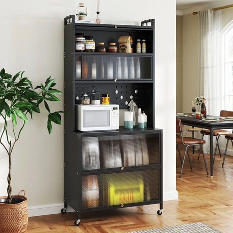 6-Tier Kitchen Pantry Cabinet Buffet Cabinet with Hutch-Black