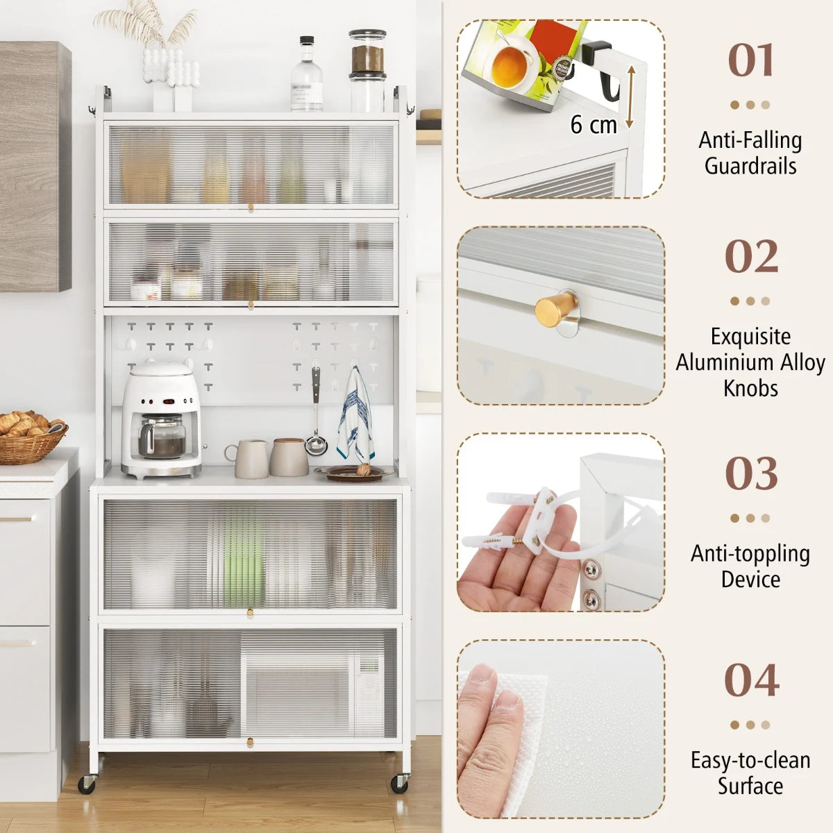 6-Tier Kitchen Pantry Cabinet Buffet Cabinet with Hutch-White