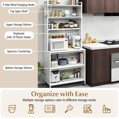 6-Tier Kitchen Pantry Cabinet Buffet Cabinet with Hutch-White