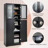 Kitchen Pantry Storage Cabinet with Glass Doors and Storage Shelves-Black