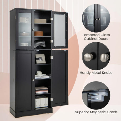 Kitchen Pantry Storage Cabinet with Glass Doors and Storage Shelves-Black