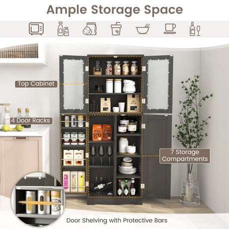 Kitchen Pantry Storage Cabinet with Glass Doors and Storage Shelves-Black