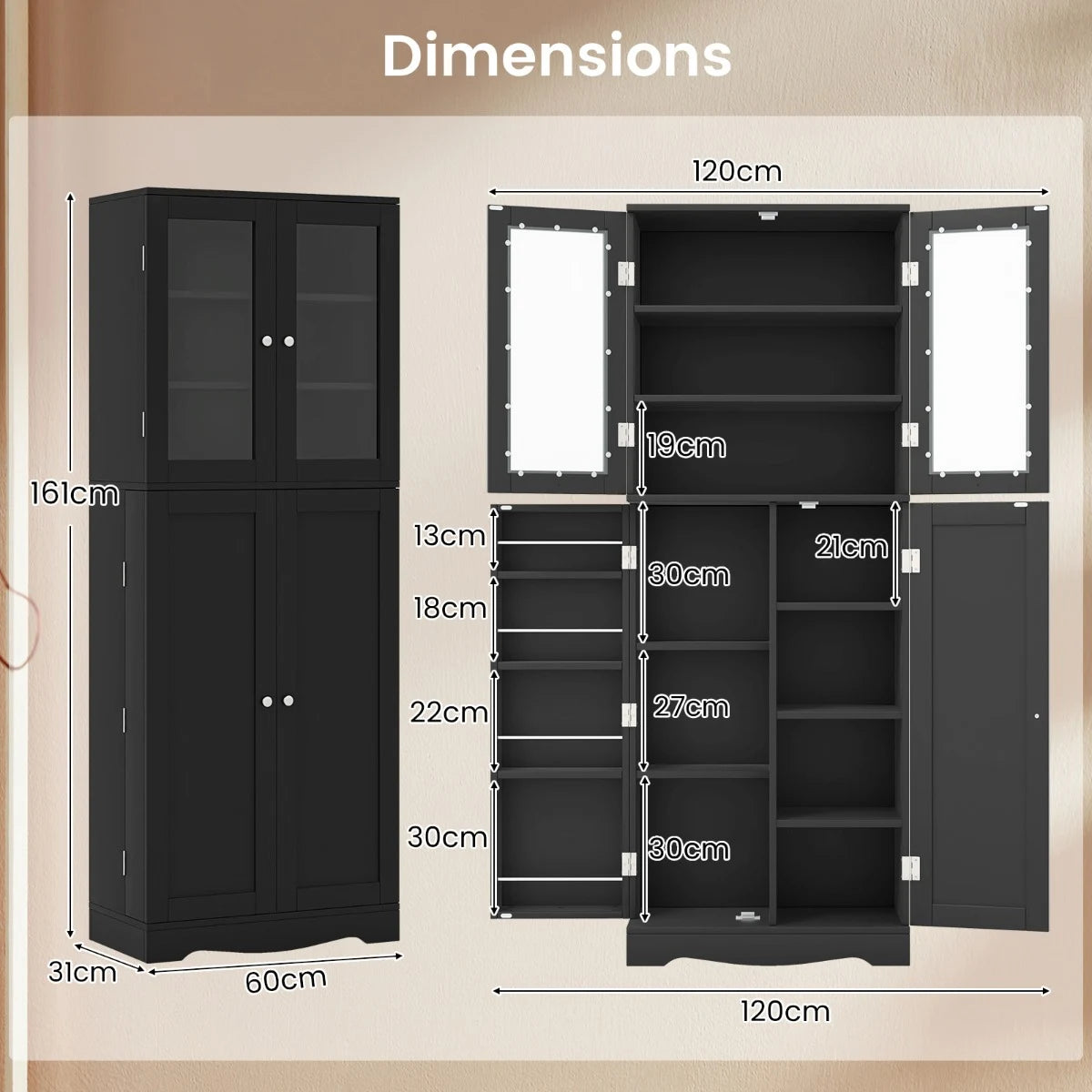 Kitchen Pantry Storage Cabinet with Glass Doors and Storage Shelves-Black