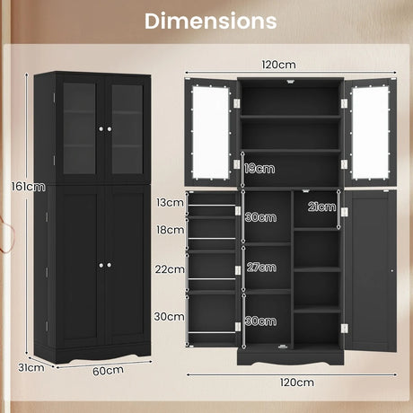Kitchen Pantry Storage Cabinet with Glass Doors and Storage Shelves-Black