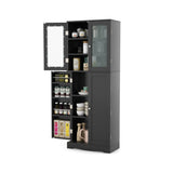 Kitchen Pantry Storage Cabinet with Glass Doors and Storage Shelves-Black