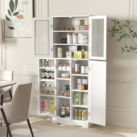 Kitchen Pantry Storage Cabinet with Glass Doors and Storage Shelves-White
