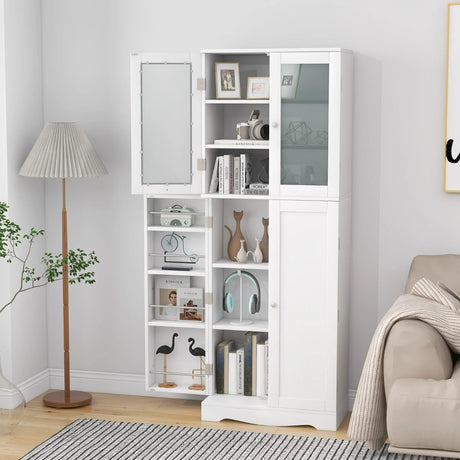 Kitchen Pantry Storage Cabinet with Glass Doors and Storage Shelves-White