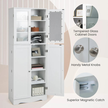Kitchen Pantry Storage Cabinet with Glass Doors and Storage Shelves-White
