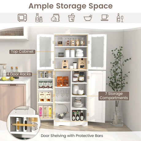 Kitchen Pantry Storage Cabinet with Glass Doors and Storage Shelves-White