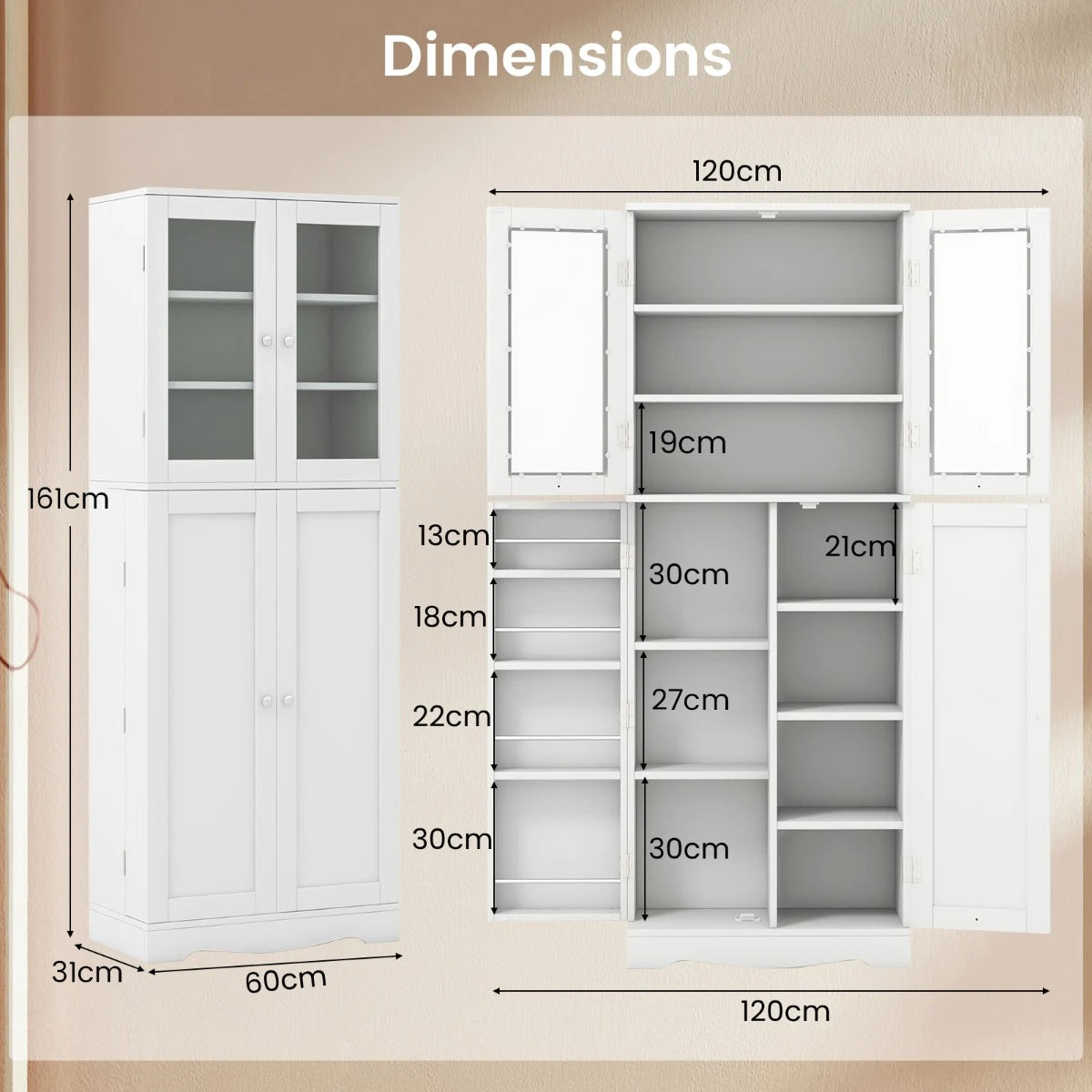 Kitchen Pantry Storage Cabinet with Glass Doors and Storage Shelves-White