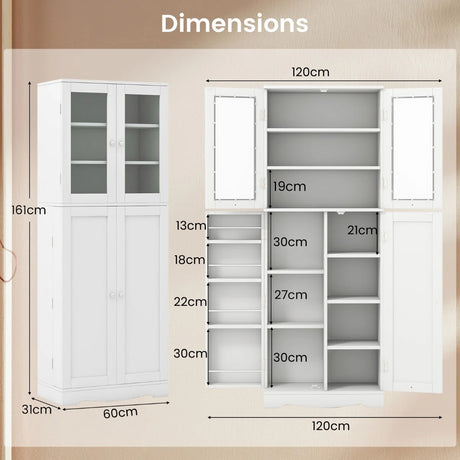 Kitchen Pantry Storage Cabinet with Glass Doors and Storage Shelves-White