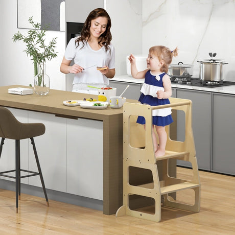 3-in-1 Foldable Kitchen Standing Tower for Toddlers-Natural