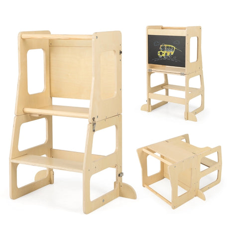 3-in-1 Foldable Kitchen Standing Tower for Toddlers-Natural