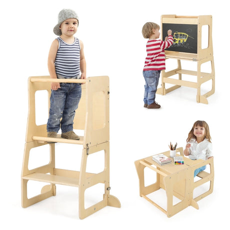 3-in-1 Foldable Kitchen Standing Tower for Toddlers-Natural