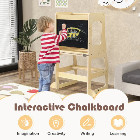 3-in-1 Foldable Kitchen Standing Tower for Toddlers-Natural
