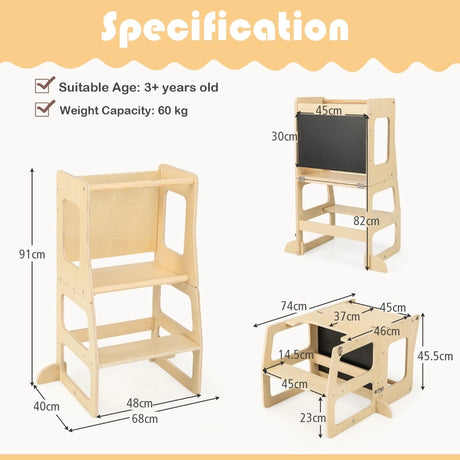 3-in-1 Foldable Kitchen Standing Tower for Toddlers-Natural
