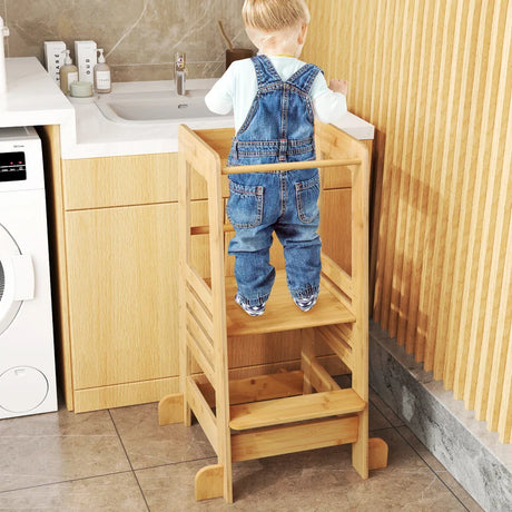 Kitchen Step Stool for Toddlers Montessori Step Stool with Safety Rail-Natural