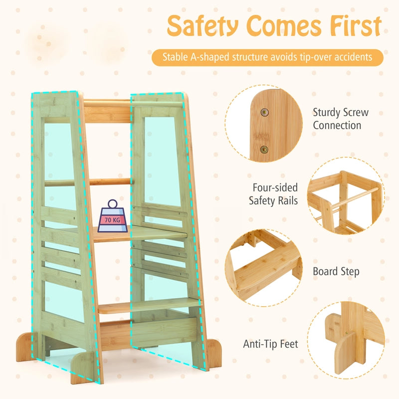 Kitchen Step Stool for Toddlers Montessori Step Stool with Safety Rail-Natural