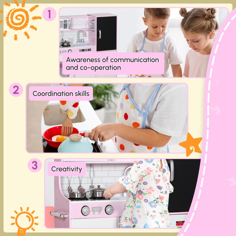 AIYAPLAY Pretend Play Kitchen, Kids Kitchen Playset w/ Toy Phone, Chalkboard, Microwave, Cooking Stove, Sink