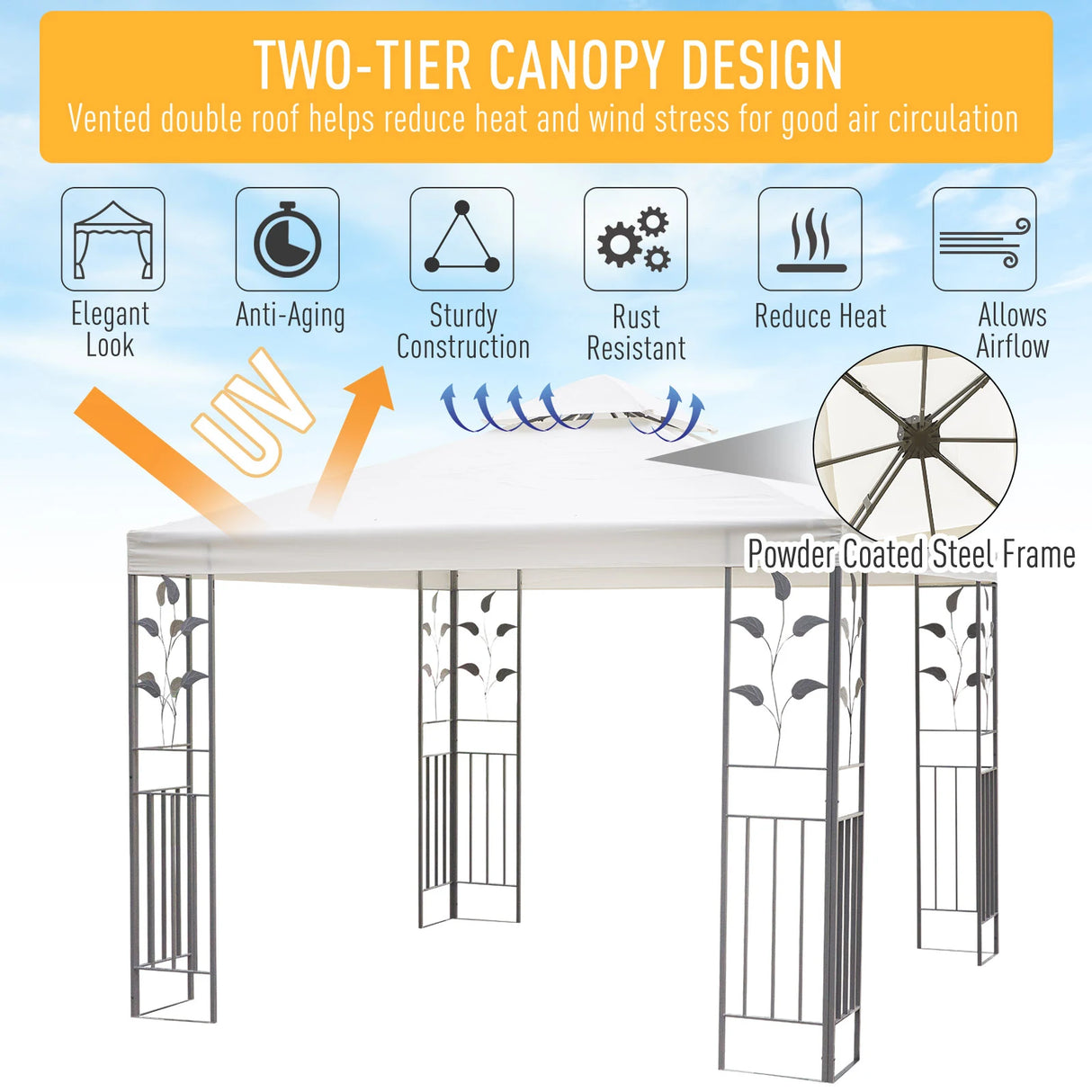 Outsunny 3 x 3m Outdoor Steel Gazebo with 2 Tier Roof, Garden Gazebo Patio Canopy Marquee Shelter with Decorative Steel Frame - Cream