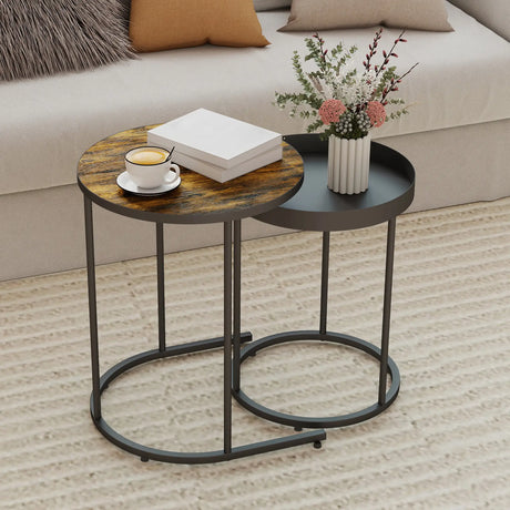 HOMCOM Round Nesting Side Table Set of 2 - Rustic Brown