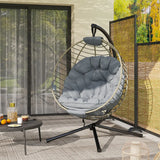 Outsunny PE Rattan Swing Chair, Outdoor Hanging Chair with Metal Stand, Thick Padded Cushion, Foldable Basket and Cup Holder, for Indoor and Outdoor, Grey