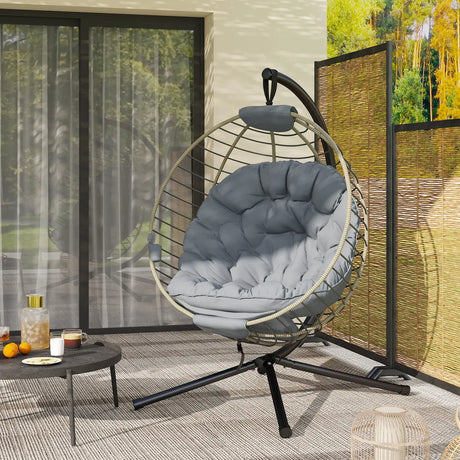 Outsunny PE Rattan Swing Chair, Outdoor Hanging Chair with Metal Stand, Thick Padded Cushion, Foldable Basket and Cup Holder, for Indoor and Outdoor, Grey