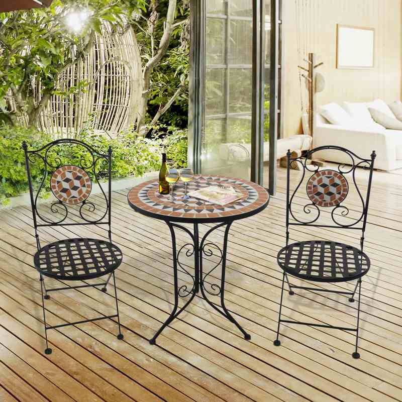 Outsunny 3 PCs Garden Mosaic Bistro Set Outdoor Patio 2 Folding Chairs & 1 Round Table  Outdoor Furniture Vintage