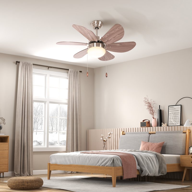 HOMCOM Ceiling Fan with LED Light, Flush Mount Ceiling Fan Lights with 6 Reversible Blades, Pull-chain Switch, Walnut Brown