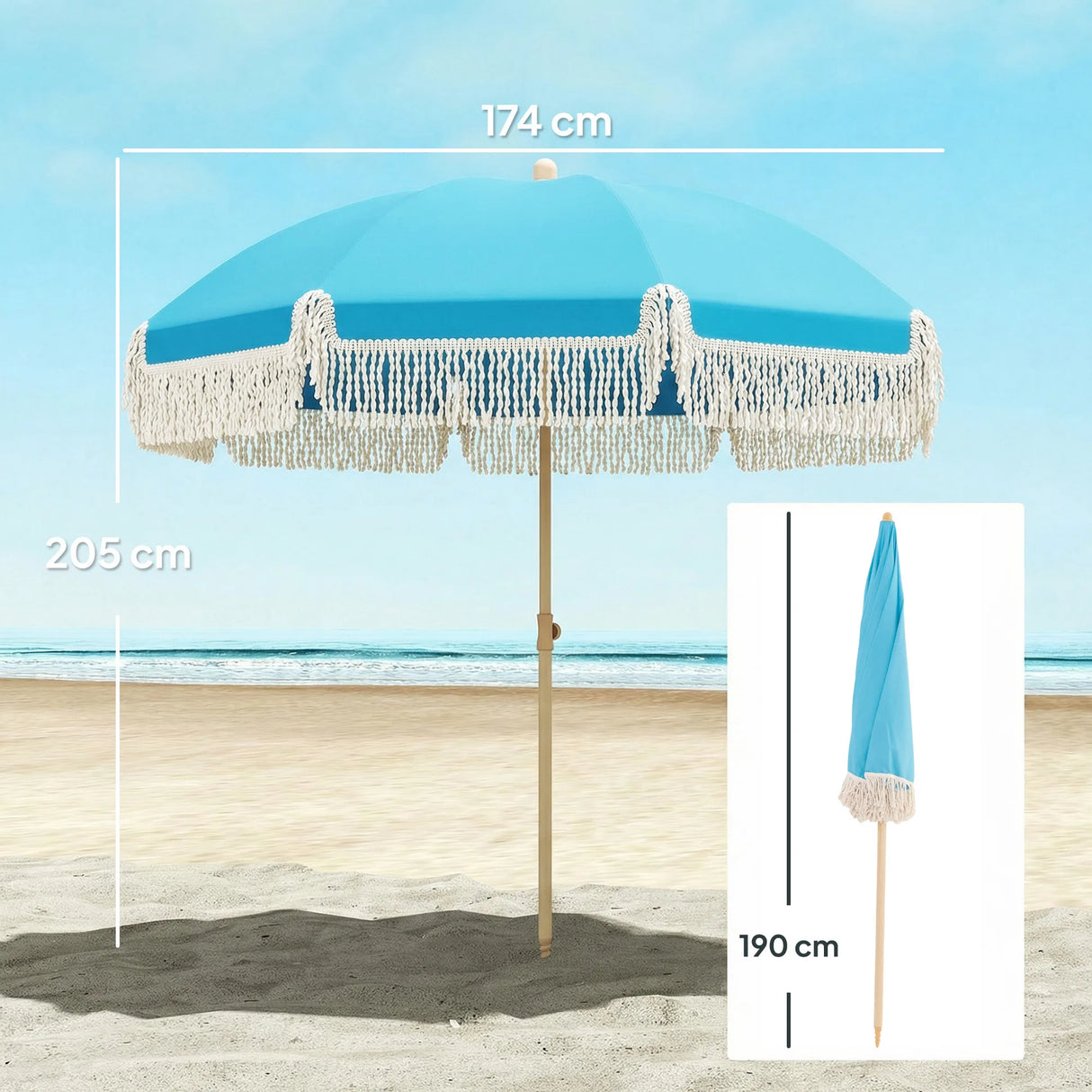 Outsunny 1.7 m Beach Umbrella with Sand Anchor, 30 Tilting Fringed Beach Garden Parasol with Adjustable Height, Grey