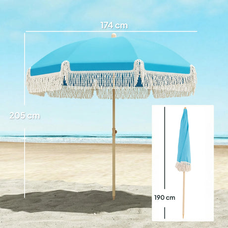 Outsunny 1.7 m Beach Umbrella with Sand Anchor, 30 Tilting Fringed Beach Garden Parasol with Adjustable Height, Grey