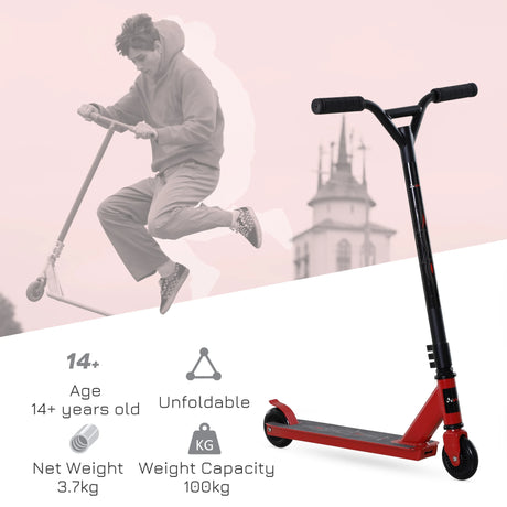 HOMCOM Street Stunt Scooter Intermediate and Beginner Freestyle Tricks Scooters For 14+ Teens Adult w/ Rear 10cm Wheel & Brake - Red