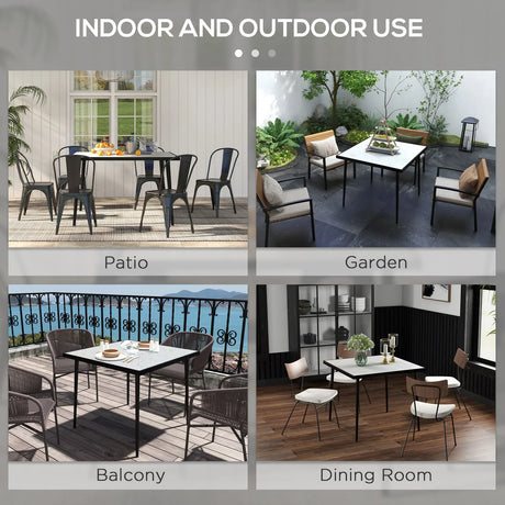 Outsunny Square Garden Table, Outdoor Dining Table for 4 with Marble Effect Tempered Glass Top and Steel Frame for Patio, White