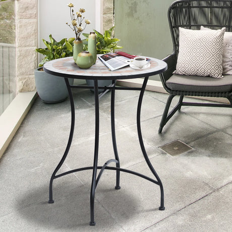 Outsunny 60 cm Mosaic Garden Table, Small Round Outdoor Side Table with Ceramic Top, Plant Stand for Patio, Balcony, Orange and White