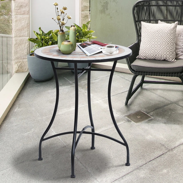 Outsunny 60 cm Mosaic Garden Table, Small Round Outdoor Side Table with Ceramic Top, Plant Stand for Patio, Balcony, Orange and White