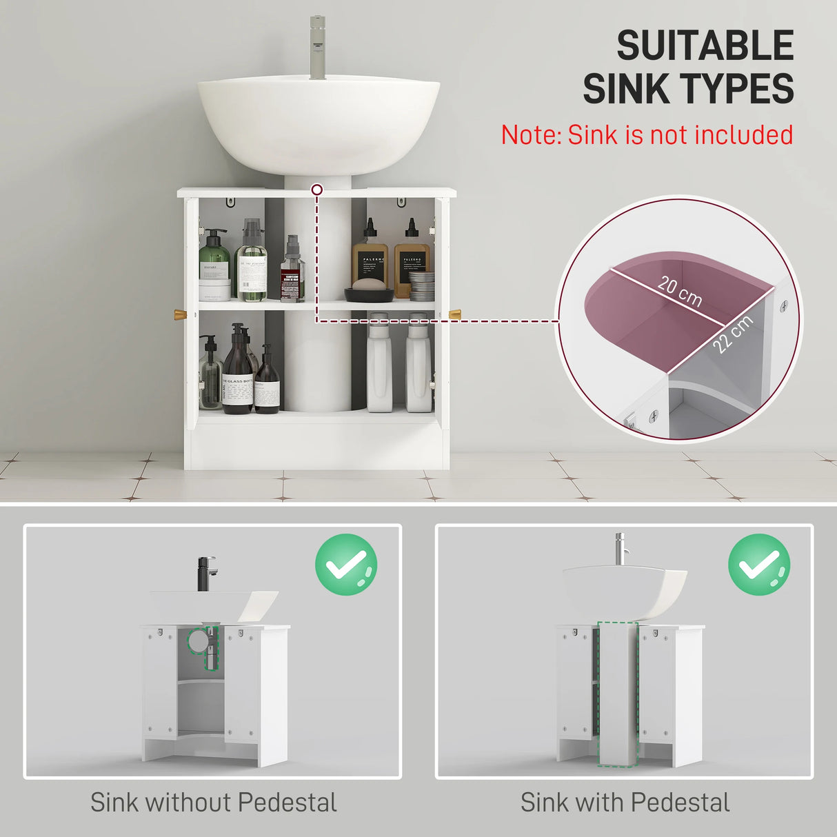 HOMCOM Under Sink Bathroom Cabinet, Under Sink Cabinet with Adjustable Shelf and Open Compartment for Basin with or without Pedestal, 60 x 30 x 60cm, White