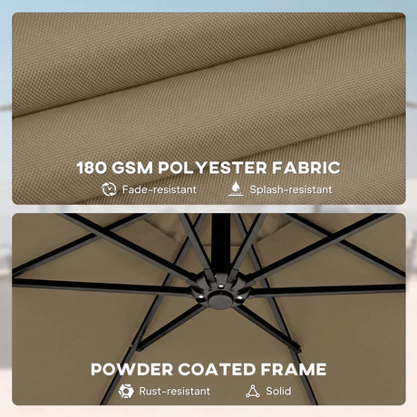 Outsunny 3 m Garden Cantilever Parasol with Cover, Round Overhanging Umbrella with 360 Rotation, Tilt, Khaki